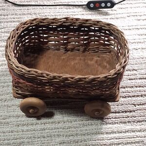 wicker basket wagon cart wooden wheels woven storage farmhouse decor rustic home